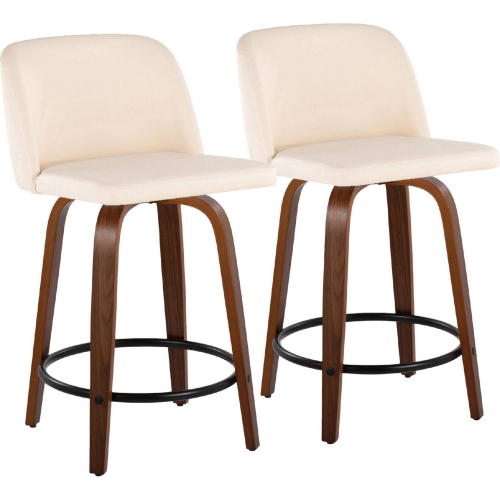 Toriano 24" Swivel Counter Stool in Walnut Wood & Cream Leatherette w/ Black Footrest (Set of 2)